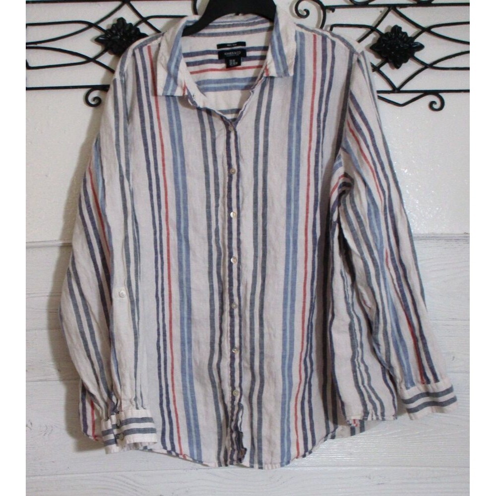 Jones New York Linen Women's Button Up Top Size 2XLong Sleeve Multicolor Striped